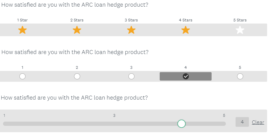 How satisfied are you with ARC - bank product rating example comparing slider, number scale and star rating